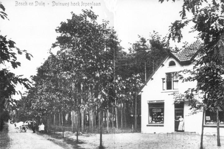 Vossenlaan in 1911.jpg - Bosch en Duin (omstreeks 1911), hoek Vossenlaan / Dennenweg (destijds hoek Duinweg / Iepenlaan). Het pand rechts (Vossenlaan 24) is in 1909 gebouwd als bakkerij ensinds 1929 is het een garage (Jacobse) met benzinepomp geweest (tot rond de eeuwwisseling).